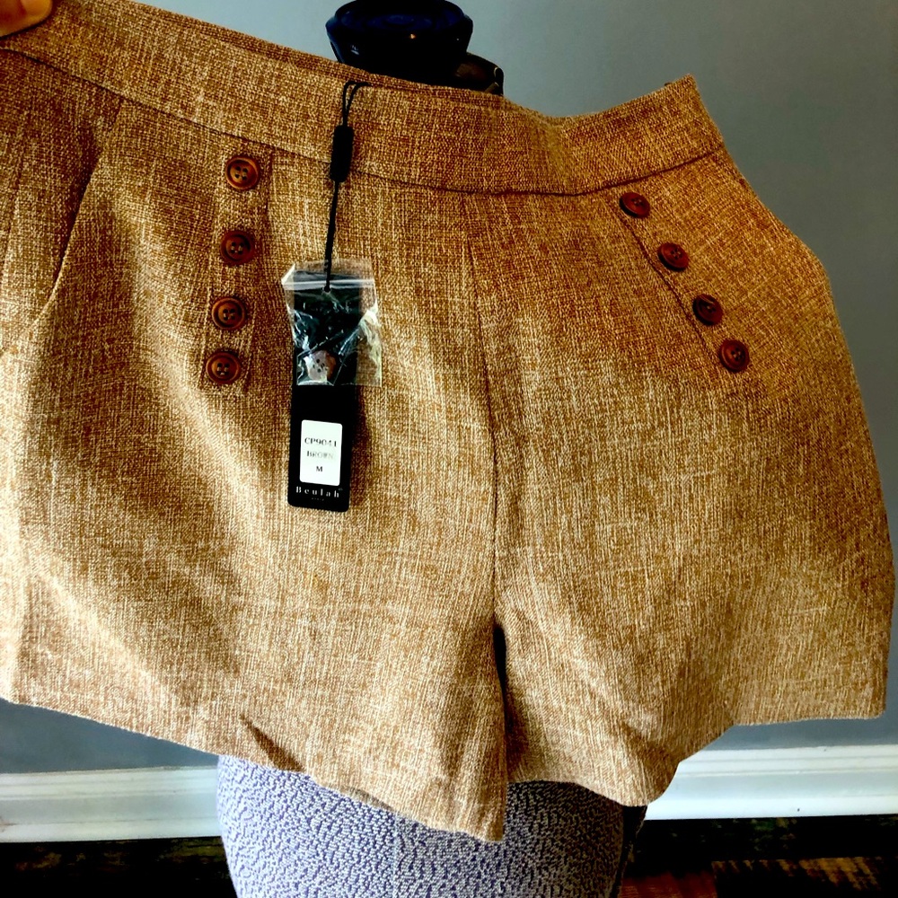 Beulah Textured Tan High-Waist Button Accent Shorts